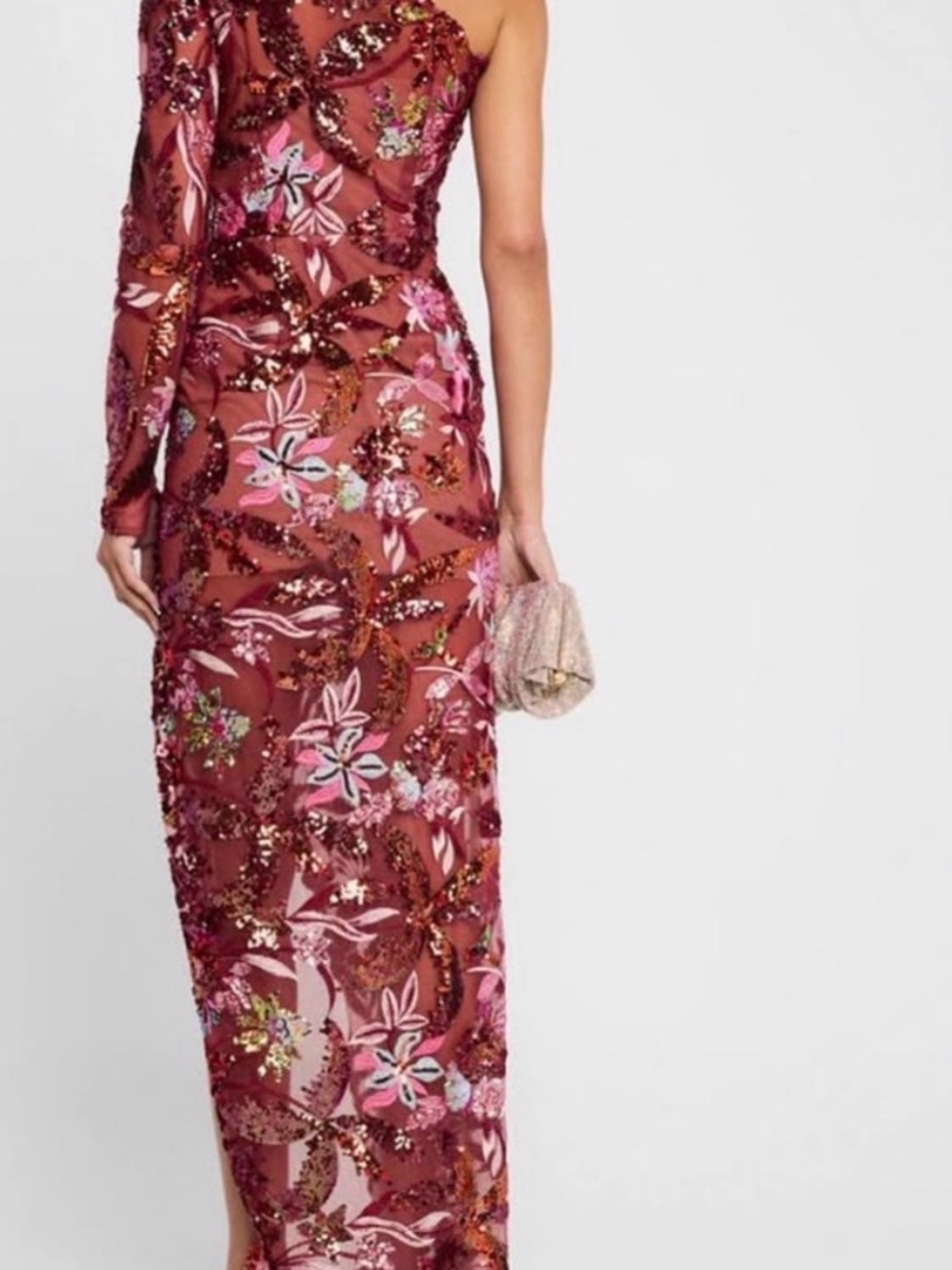 Bronx and Banco Burgundy One-Shoulder Sequin Floral Gown - Picture 3 of 5